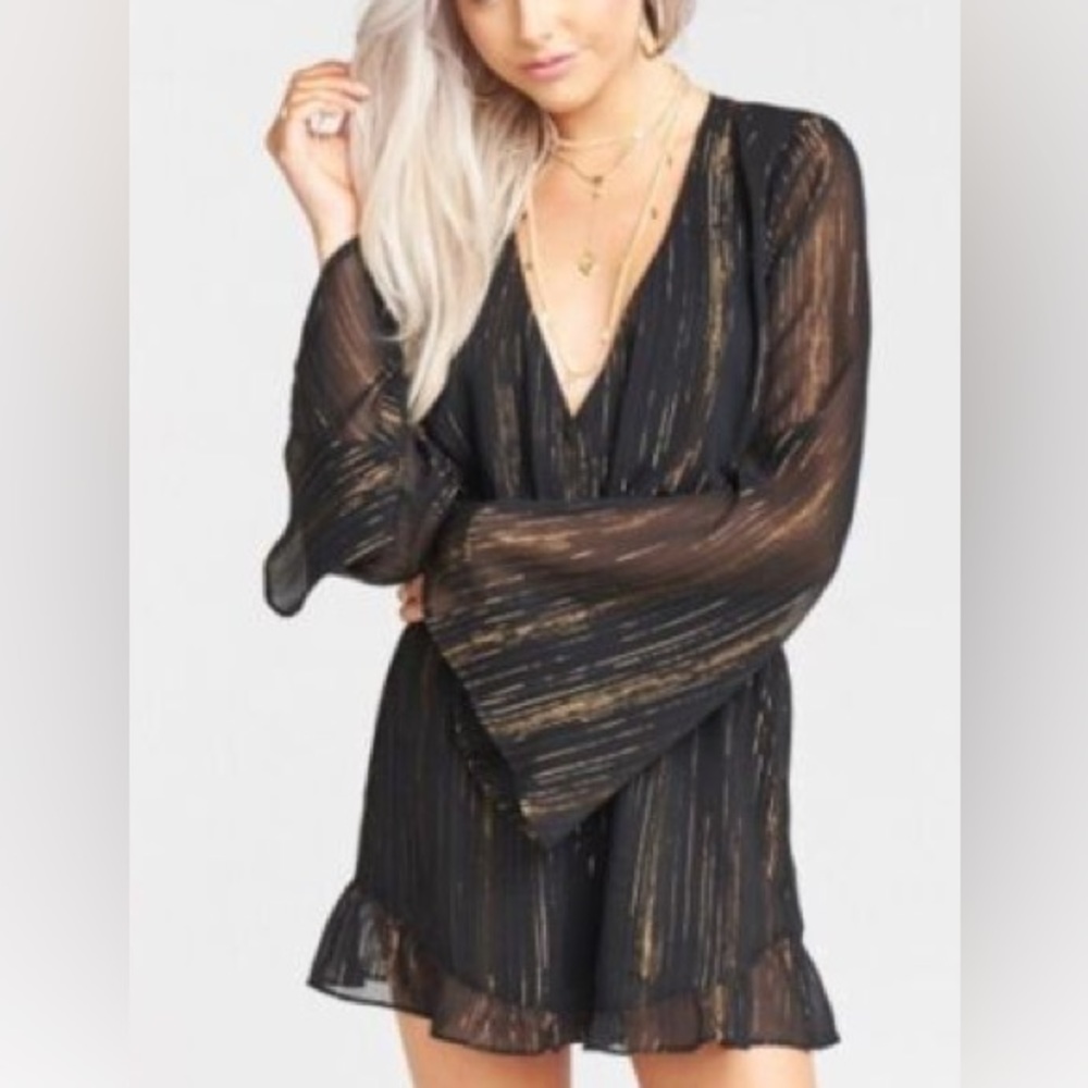 Show Me Your Mumu Loretta Romper Black Metallic Gold Ruffle Hem, Flared Sleeve